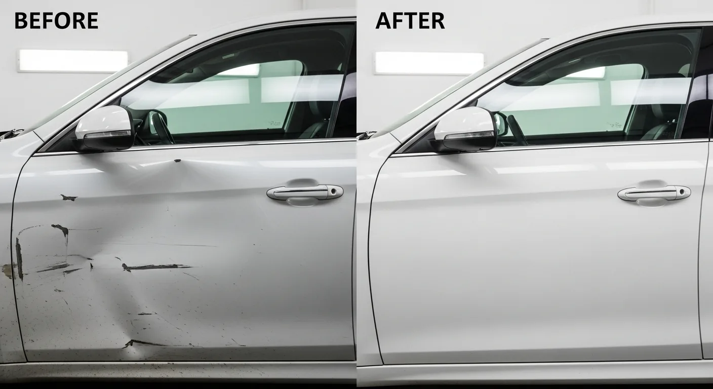 Before and after of dented car door fully repaired and repainted by We Serve