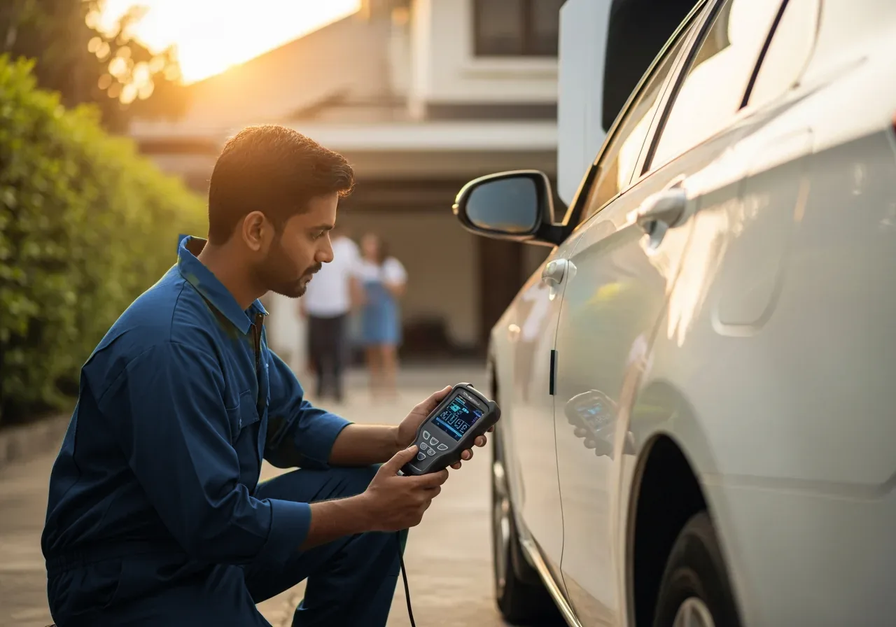 Mechanic in dark navy workwear performing a doorstep car diagnostic