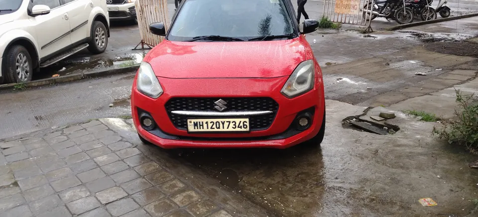 Front view of the red hatchback
